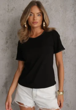 Czarny Gładki T-shirt Bawełniany z Ozdobnymi Lamówkami z Warkoczowego Splotu Thalia