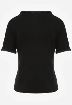Czarny Gładki T-shirt Bawełniany z Ozdobnymi Lamówkami z Warkoczowego Splotu Thalia