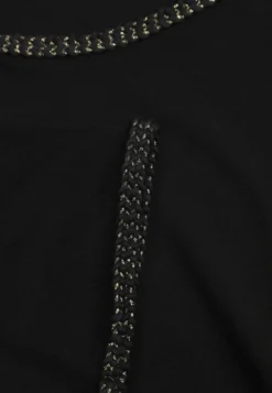 Czarny Gładki T-shirt Bawełniany z Ozdobnymi Lamówkami z Warkoczowego Splotu Thalia