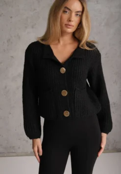 Czarny Kardigan Oversize z Wełną i Ozdobnymi Guzikami Anollis