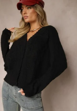 Czarny Kardigan w Stylu Oversize z Guzikami i Ozdobnymi Tłoczeniami Palabia