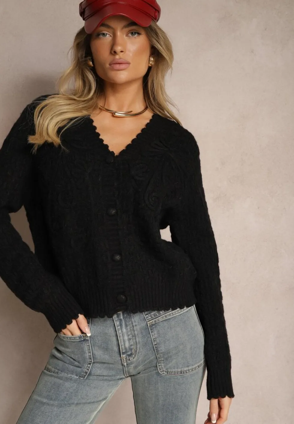 Czarny Kardigan w Stylu Oversize z Guzikami i Ozdobnymi Tłoczeniami Palabia