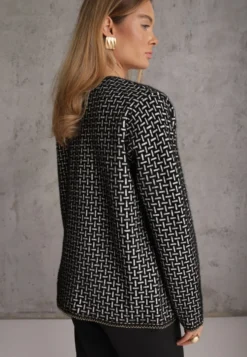 Czarny Kardigan z Wełną w Geometryczny Print z Guzikami w Stylu Pereł Ifre