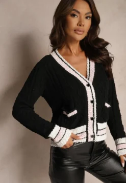 Czarny Kardigan z Wiskozą na Guziki z Paskami Liathalie
