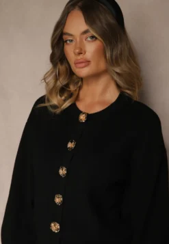 Czarny Kardigan z Wiskozą Zdobiony Eleganckimi Napami i Bufiastymi Rękawami Acannte