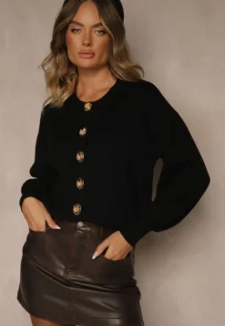 Czarny Kardigan z Wiskozą Zdobiony Eleganckimi Napami i Bufiastymi Rękawami Acannte