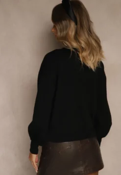 Czarny Kardigan z Wiskozą Zdobiony Eleganckimi Napami i Bufiastymi Rękawami Acannte