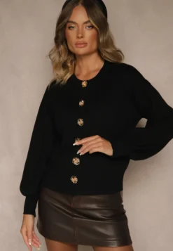 Czarny Kardigan z Wiskozą Zdobiony Eleganckimi Napami i Bufiastymi Rękawami Acannte