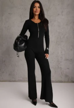 Czarny Kombinezon Bodycon z Prążkowanej Wiskozy ze Spodniami Typu Dzwony i Suwakiem Lavirna