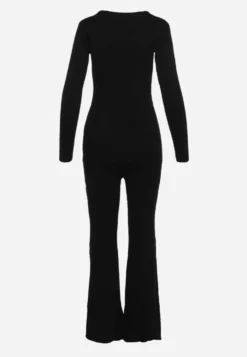 Czarny Kombinezon Bodycon z Prążkowanej Wiskozy ze Spodniami Typu Dzwony i Suwakiem Lavirna
