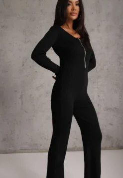 Czarny Kombinezon Bodycon z Prążkowanej Wiskozy ze Spodniami Typu Dzwony i Suwakiem Lavirna