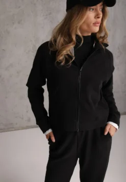 Czarny Komplet Dresowy Spodnie Wide Leg i Bluza na Suwak ze Stójką Milia