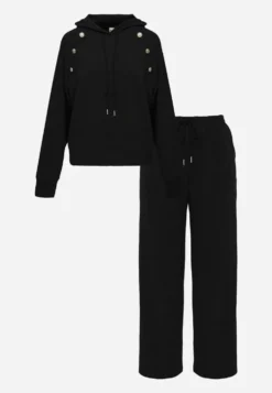 Czarny Komplet Dresowy Spodnie Wide Leg i Bluza z Kapturem i Aplikacjami Nailena