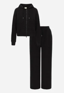Czarny Komplet Dresowy Spodnie Straight Leg i Bluza z Kapturem na Suwak Timas