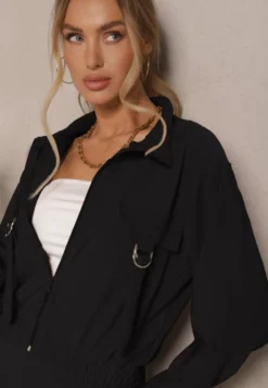 Czarny Komplet Dresowy Utility Bluza Rozpinana i Spodnie z Kieszeniami Telinoria