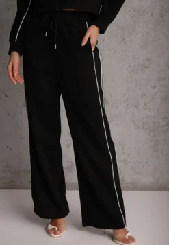 Czarny Komplet Dresowy w Stylu Retro Spodnie Wide Leg i Bluza ze Stójką Sewelia