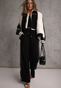 Czarny Komplet Dresowy w Stylu Retro Spodnie Wide Leg i Bluza ze Stójką Sewelia