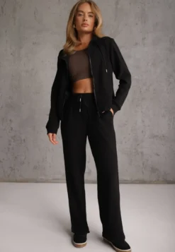 Czarny Komplet Dresowy z Polaru Bluza na Suwak z Kapturem i Spodnie Wide Leg Ivama