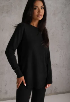 Czarny Komplet Dzianinowy z Wiskozą Longsleeve i Luźne Spodnie Mirette