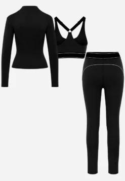 Czarny Komplet Fitnessowy z Ozdobnymi Przeszyciami Stanik Bluza Cropped i Legginsy Ruybal