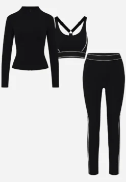 Czarny Komplet Fitnessowy z Ozdobnymi Przeszyciami Stanik Bluza Cropped i Legginsy Ruybal