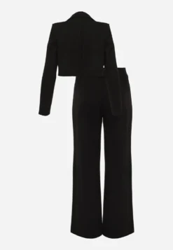 Czarny Komplet Garniturowy z Wiskozą Marynarka Crop i Szerokie Spodnie z Klamrą Soncetta