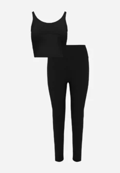 Czarny Komplet Sportowy Legginsy High Waist i Top z Uszywnieniem Ulrike