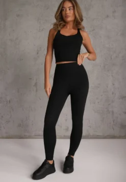 Czarny Komplet Sportowy Legginsy High Waist i Top z Uszywnieniem Ulrike