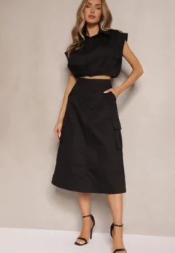Czarny Komplet w Stylu Utility Koszula Cropped Bez Rękawów i Spódnica z Kieszeniami Notcha