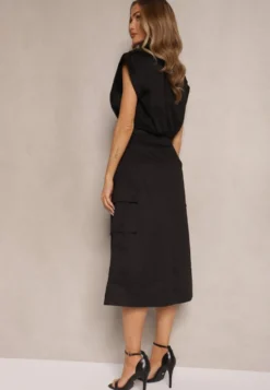 Czarny Komplet w Stylu Utility Koszula Cropped Bez Rękawów i Spódnica z Kieszeniami Notcha