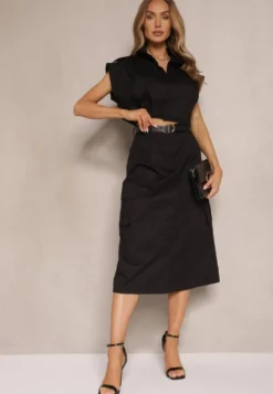 Czarny Komplet w Stylu Utility Koszula Cropped Bez Rękawów i Spódnica z Kieszeniami Notcha