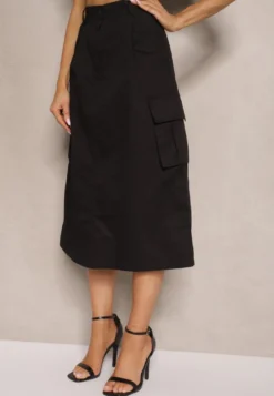 Czarny Komplet w Stylu Utility Koszula Cropped Bez Rękawów i Spódnica z Kieszeniami Notcha
