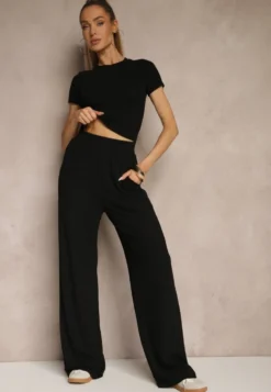 Czarny Komplet z Bawełny T-shirt Typu Crop Top i Spodnie Wide Leg Nelisandra