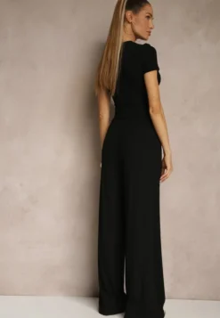 Czarny Komplet z Bawełny T-shirt Typu Crop Top i Spodnie Wide Leg Nelisandra