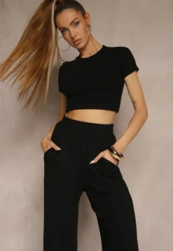 Czarny Komplet z Bawełny T-shirt Typu Crop Top i Spodnie Wide Leg Nelisandra