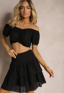 Czarny Komplet z Bawełny z Ażurowym Motywem Spódnica z Falbanami oraz Gumką w Talii High Waist i Krótka Bluzka Ozdobiona Ściągaczem Aricella