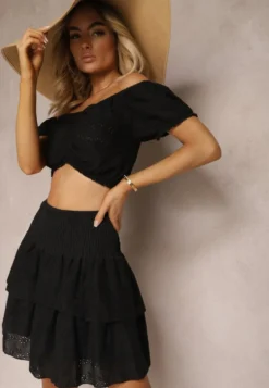 Czarny Komplet z Bawełny z Ażurowym Motywem Spódnica z Falbanami oraz Gumką w Talii High Waist i Krótka Bluzka Ozdobiona Ściągaczem Aricella