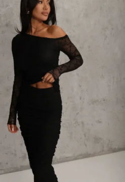 Czarny Komplet z Koronki Ołówkowa Spódnica i Longsleeve Off Shoulder Nerinaera