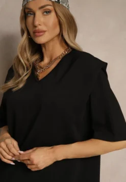 Czarny Komplet z Wiskozą T-shirt z Dekoltem w Serek i Spodnie o Szerokim Kroju Zevline