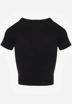 Czarny Krótki T-shirt Basic z Okrągłym Dekoltem Gresalor