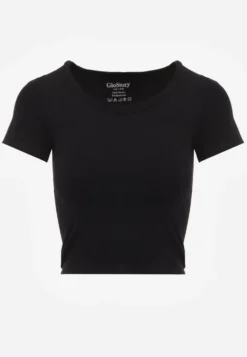 Czarny Krótki T-shirt Basic z Okrągłym Dekoltem Gresalor