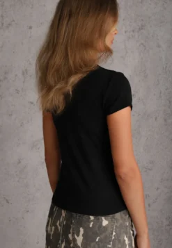 Czarny Minimalistyczny T-shirt z Wiskozy ze Stójką Osessa