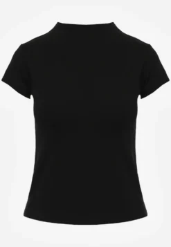 Czarny Minimalistyczny T-shirt z Wiskozy ze Stójką Osessa