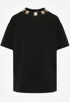 Czarny Oversizowy T-shirt z Bawełny Zdobiony Kwadratowymi Aplikacjami Evesilea