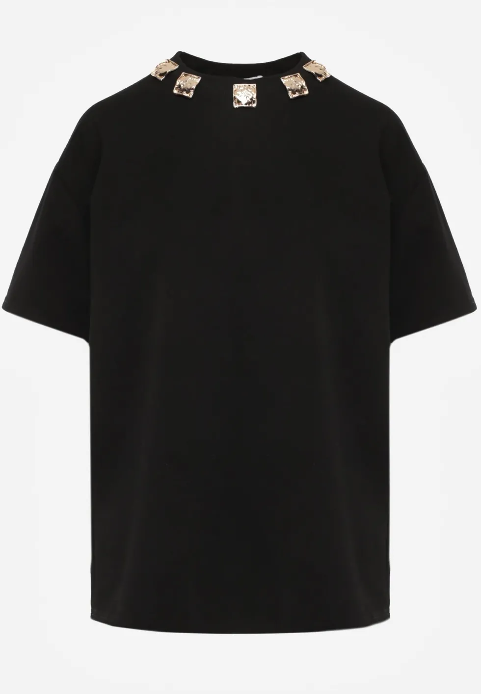 Czarny Oversizowy T-shirt z Bawełny Zdobiony Kwadratowymi Aplikacjami Evesilea