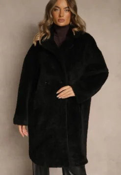 Czarny Płaszcz Teddy o Dwurzędowym Kroju Oversize Azzena
