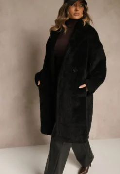 Czarny Płaszcz Teddy o Dwurzędowym Kroju Oversize Azzena