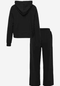 Czarny Prążkowany Komplet Dresowy Bluza z Kapturem i Spodnie Wide Leg Jateia