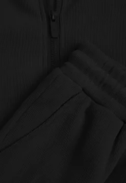 Czarny Prążkowany Komplet Dresowy Bluza z Kapturem i Spodnie Wide Leg Jateia
