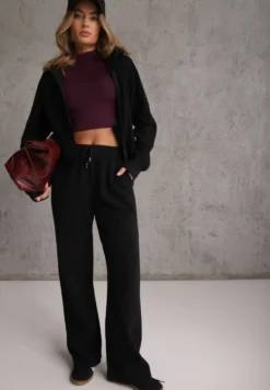 Czarny Prążkowany Komplet Dresowy Bluza z Kapturem i Spodnie Wide Leg Jateia